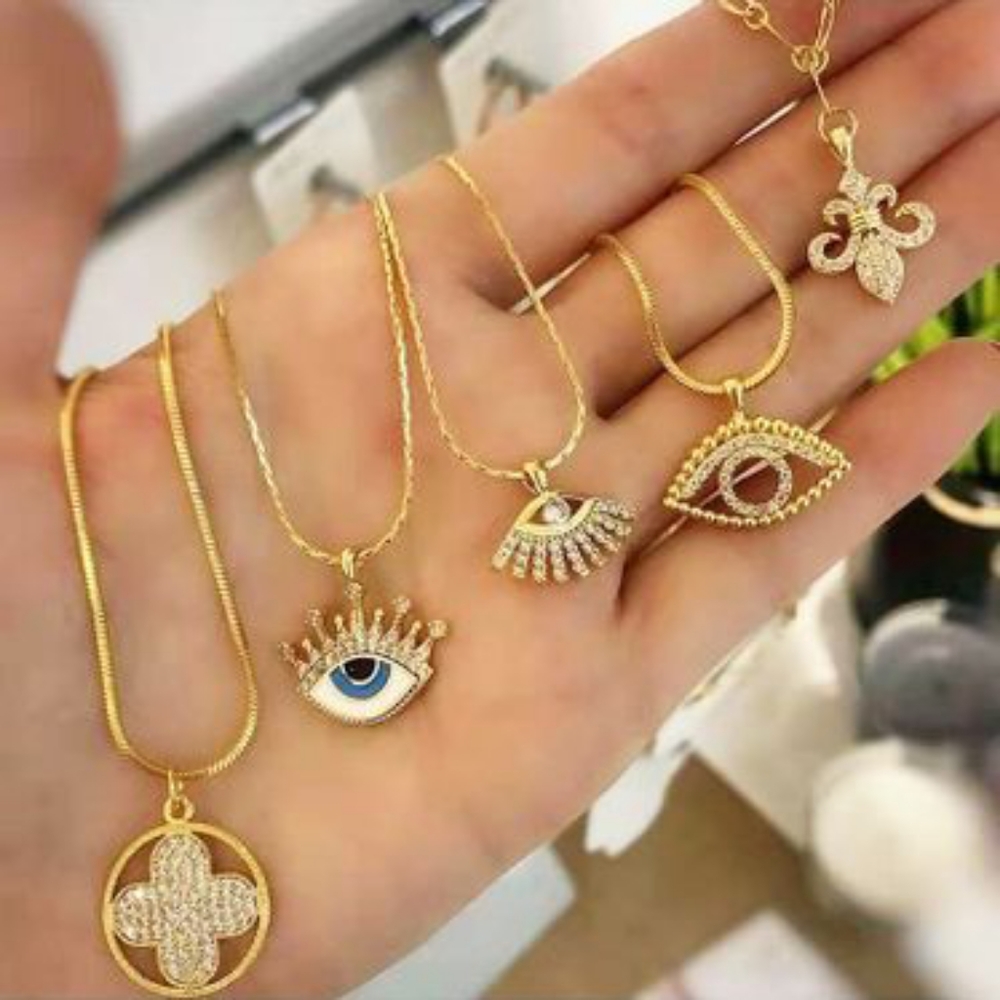Blue Eye & Gold Lashes Pendant Necklace